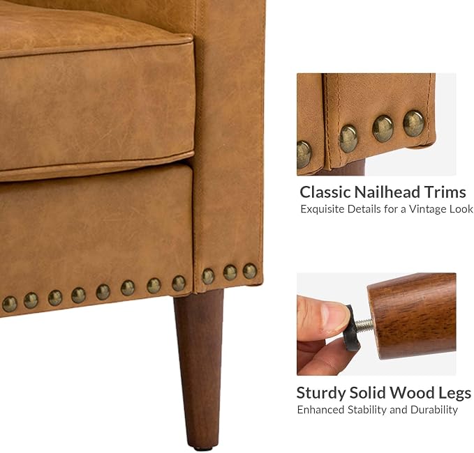 HULALA HOME Faux Leather Accent Armchair with Back & Seat Cushions, Traditional Club Chair with Nailhead Trim, Comfy Upholstered Sofa Chair for Bedroom Living Room, Camel