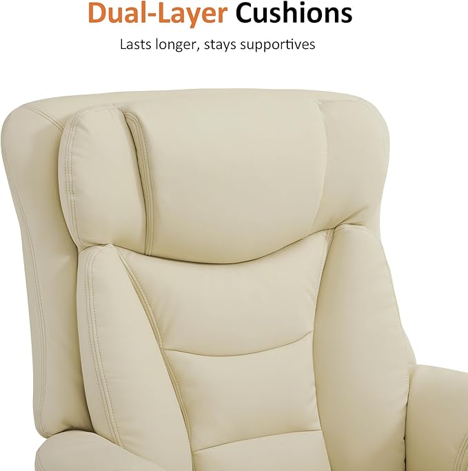 MCombo Oversized Swivel Recliner Chair with Ottoman, Adjustable Backrest, 360° Wood Base, High Seat, Faux Leather Lounge Chair for Tall Users in Living Room Office 4651 (Cream White)