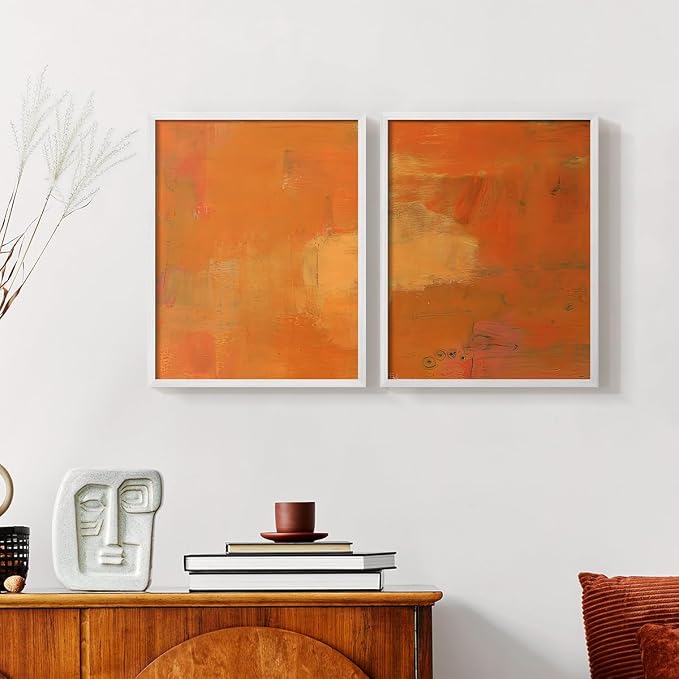 Renditions Gallery Set of 2 Peel & Stick Framed Prints, Abstract Wall Art, Rustic Fain Marking with Brush Strokes Wall Decor, Re-Stickable - Ready to Hang - 16"x20" - White Frame LT588