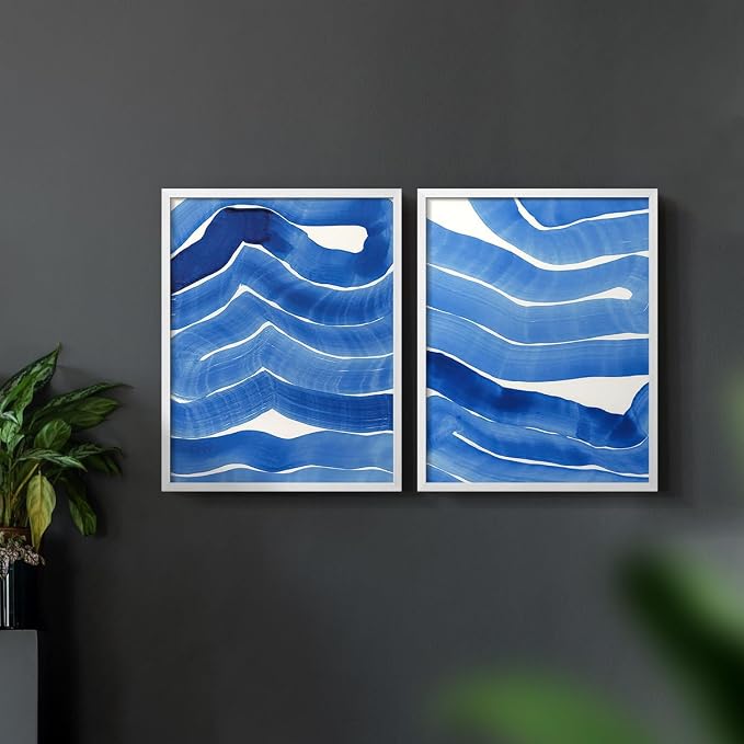 Renditions Gallery Set of 2 Peel & Stick Framed Prints, Watercolor Abstract Wall Art, Bold Brushstrokes in Shades of Blue Wall Decor, Re-Stickable - Ready to Hang - 8"x10" - White Frame LT588