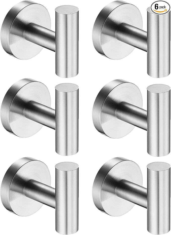 Nolimas Bathroom Towel Hooks SUS 304 Stainless Steel Coat Hook Round Clothes Towel Coat Robe Hook Cabinet Closet Door Sponges Holder for Bath Kitchen Garage Hotel,Wall Mounted, Brushed Nickel,6Pack