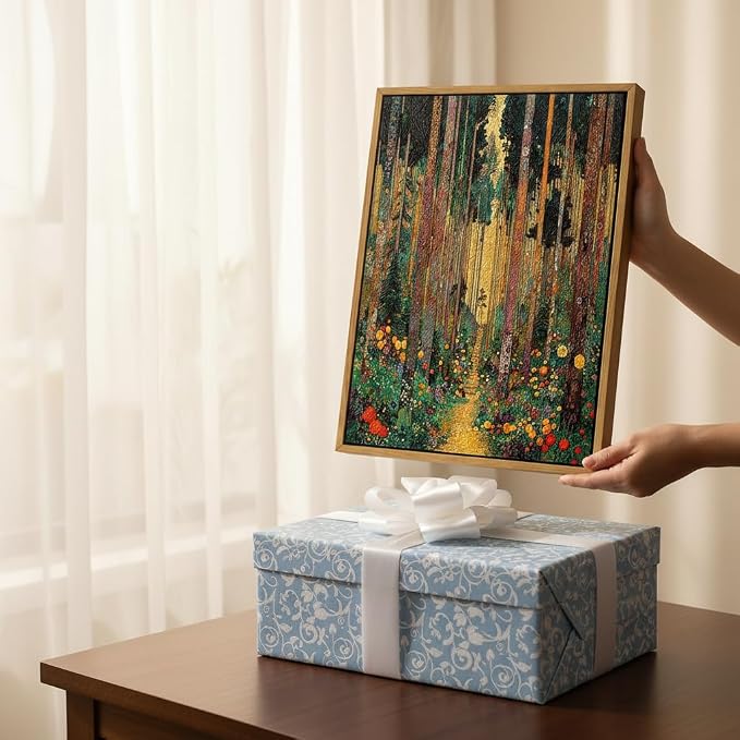 Floating Framed Gustav Klimt Forest Path Canvas Wall Art, Boho Floral Trees Print Poster, Colorful Abstract Nature Wall Decor Picture, for Modern Living Room and Bedroom Home Decoration, 8x10in