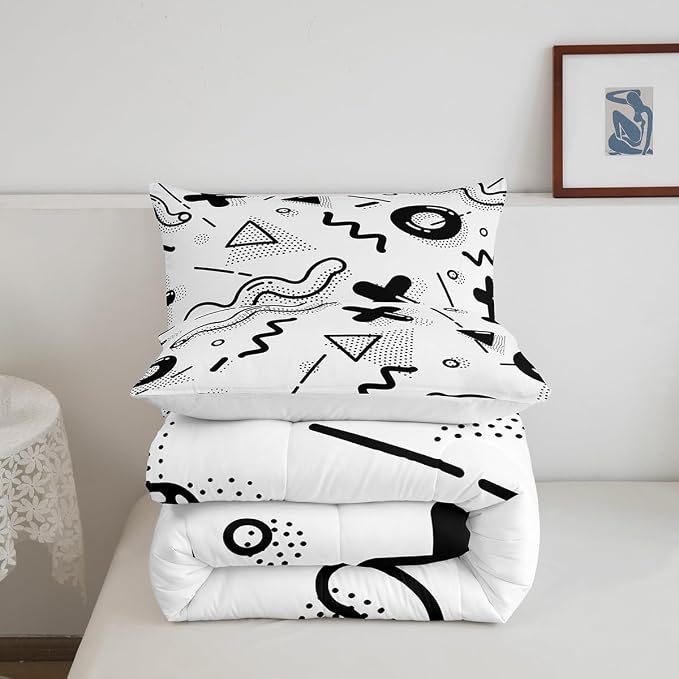 Manfei Memphis Comforter Set Twin Size, Retro 80s 90s Fashion Style Quilt Set with 1 Pillowcase, Geometric Black White Bedding Set 2pcs for Kids Boys Room Decor Lightweight Duvet Insert