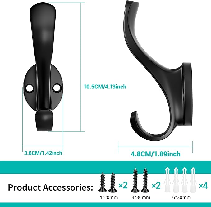 Coat Hooks Heavy Duty - Easy to Install Metal Towel Hooks Screw-in Wall Hooks for Hanging Hat, Towel, Key, Robe, Scarf, Bag, Cap (10 PCS Black)