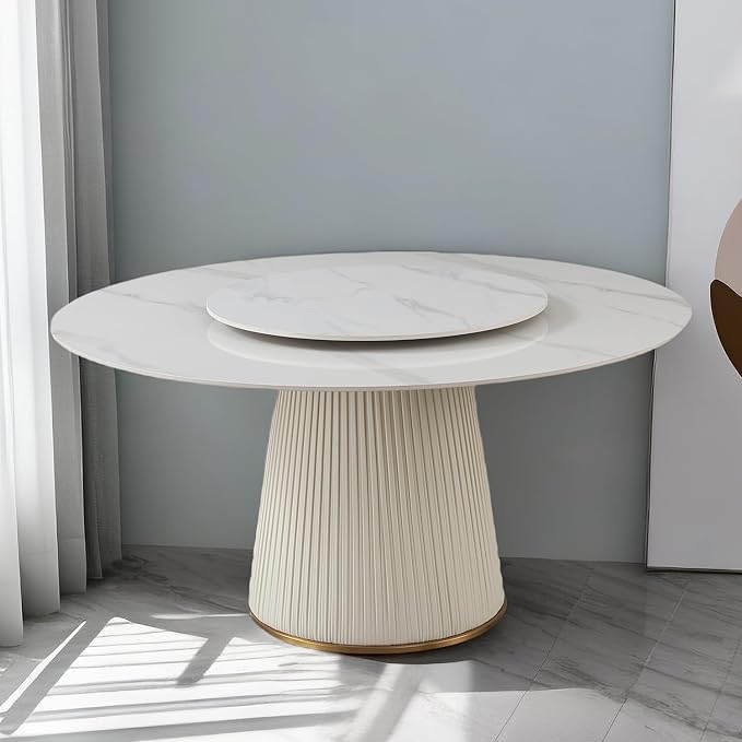 Leavader 59'' Round Marble Dining Table with Removable Lazy Susan, Sintered Stone Round Tabletop and Leather Wrapped Wooden Base, Faux Marble Kitchen Dinner Table for Dining Room/Living Room