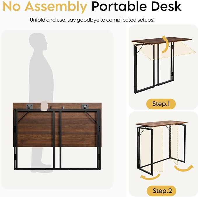 alawooder Folding Desk - 31.5" Wood Top Foldable Desk for Small Spaces | No Assembly Required Compact Desk for Home Office, Writing, and Study