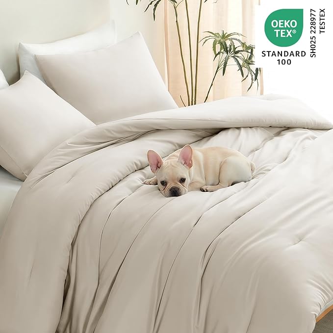 CozyLux Oversized King Comforter Set Beige, 3 Pieces 120"x98" Lightweight Down Alternative Quilted Bedding Sets, All Season Soft Breathable Solid Comforter with 2 Pillowcases, Bed Set Gift for Home