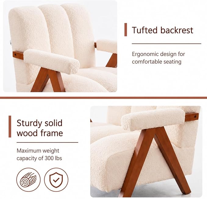 Mid Century Modern Accent Chair with Solid Oak Wood Frame, Upholstered Chenille Lounge Chair with Ergonomic Backrest and Thick Cushion for Living Room Bedroom Balcony, Set of 2, Beige