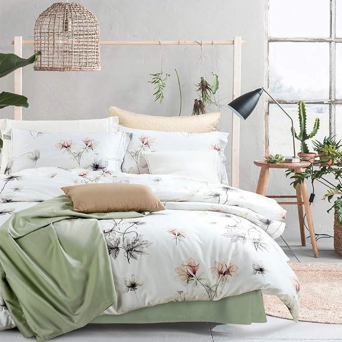 MILDLY Floral Duvet Cover Set - 100% Long-Staple Cotton White Green Leaves Pattern Printed Comforter Cover 3pcs Soft Breathable Luxury Bedding for All Season