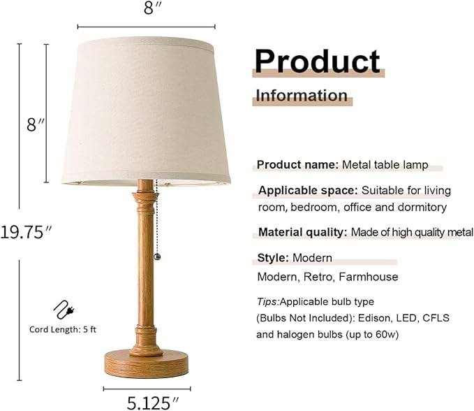 Oneach 19.5" Small Table Lamps Set of 2, Pull Chain Switch Bedside Table Lamps, Modern Nightstand Lamp with Linen Shade, Rustic Lamp for Living Room, Bedroom, Home Office, Nursery