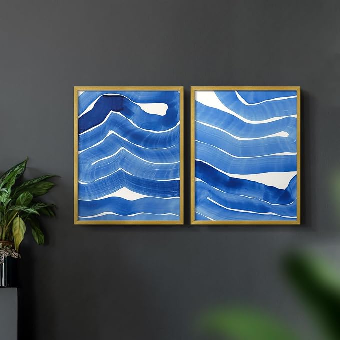 Renditions Gallery Set of 2 Peel & Stick Framed Prints, Watercolor Abstract Wall Art, Bold Brushstrokes in Shades of Blue Wall Decor, Re-Stickable - Ready to Hang - 16"x20" - GOLD Frame LT588