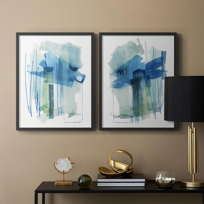 Renditions Gallery Set of 2 Peel & Stick Framed Prints, Modern Abstract Wall Art, Blue and Neutral Bold Brushstrokes Wall Decor, Re-Stickable - Ready to Hang - 22"x28" - Black Frame LT588