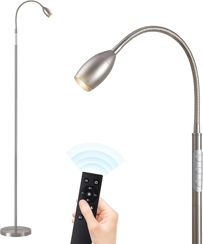 Reading Floor Lamp, Dimmable LED Floor Lamp with Remote, Standing Lamp with Flexible Gooseneck, Zoomable Spotlight, Reading Light, Task Crafting Tall Lamps for Living Room Office Bedroom(Nickel)