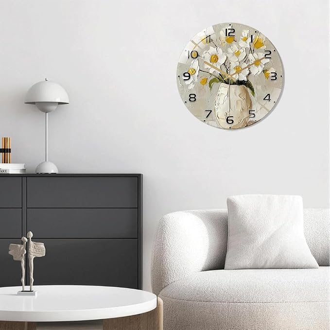 24 Inch White Floral Glass Wall Clock Silent Modern Art Decor | Silent glossy wall clock with an elegant impasto floral painting design, tracking time perfectly for your living room