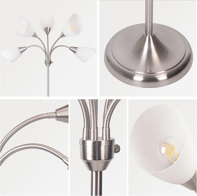Floor Lamp, 5 Adjustable Neck Heads with Lampshades, Multi-Light Standing Reading Lamp for Living Room, Bedroom, Office