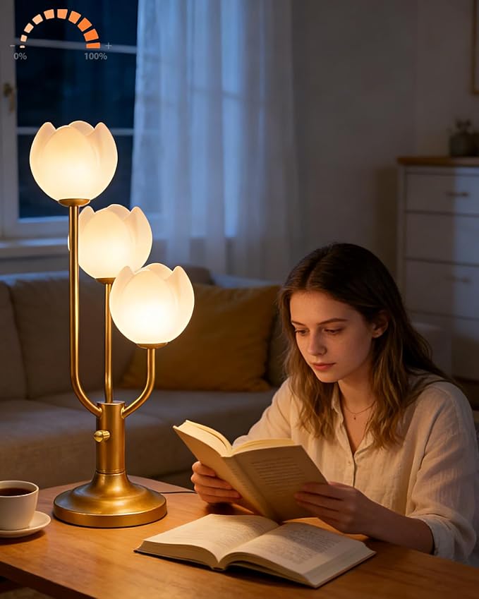 Lightdot Flower Table Lamp for Living Room Modern 3-Light Modern Mid Century Cute Desk Lamp 3000K Warmwhite Dimmable Bedside Nightstand Lamp for Bedroom Reading-Gold