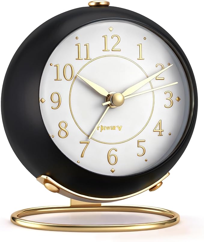 rjuwurv Metal Desk Alarm Clock, Retro Bedroom Table Vintage Analog Silent Non-Ticking Gold Alarm Clock, Bedside Decor(Black)