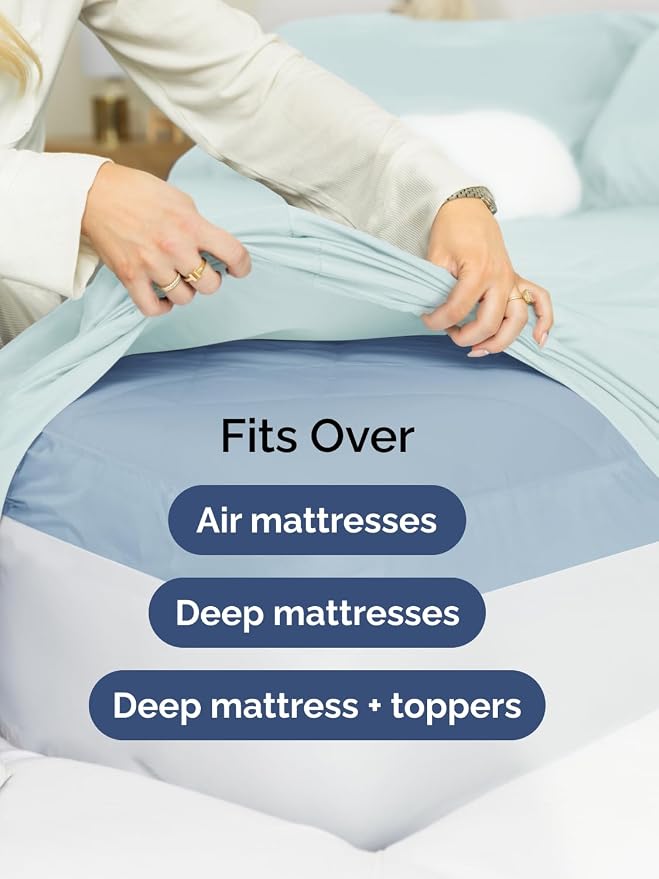 Extra Deep Split King Sheet Set - 7 Piece Breathable and Cooling Sheets - Hotel Luxury Bedding for Women, Men, Kids & Teens - Easy & Secure Fit - Soft and Wrinkle Free - Extra Deep Pockets - Ice Blue
