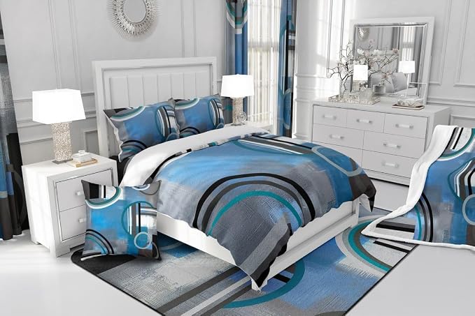 Erosebridal Blue Black Gray Duvet Cover Twin,Ombre Watercolor Comforter Cover,Geometric Stripe Circles Bedding Set,Oil Painting Bedspread Cover,Modern Artwork Quilt Cover with 1 Pillow Case Zipper