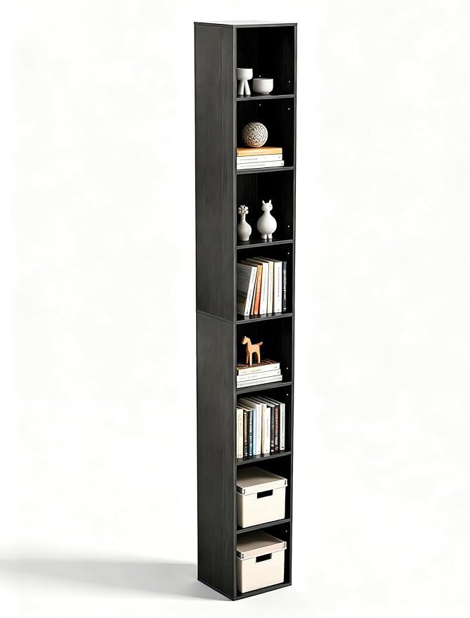 8-Cube Storage Organizer Bookcase, Tall Narrow Bookshelf for Home Office, Black
