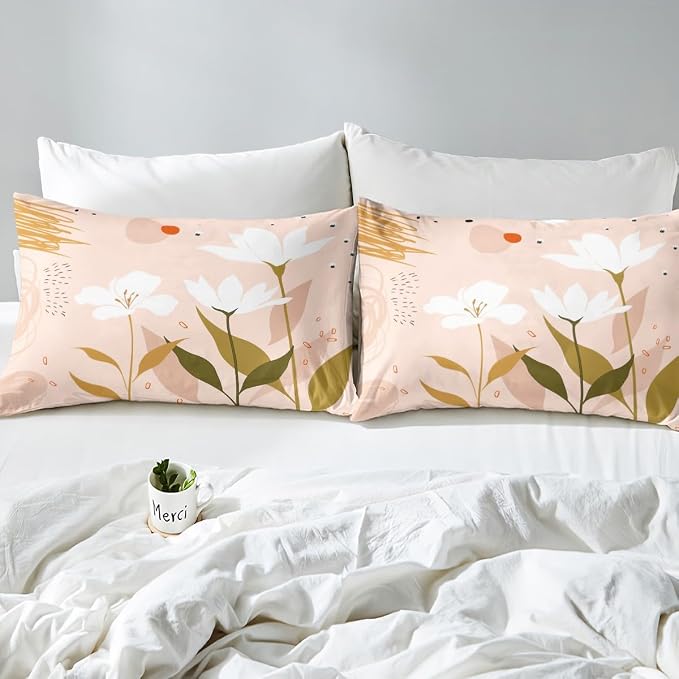 Erosebridal Boho Minimalist Bedding Sets Full Hippie Abstract Art Comforter Cover, Botanical Plants Bed Set White Flower Floral Duvet Cover Modern Mid Century Quilt Cover Girly Pink Room Decor