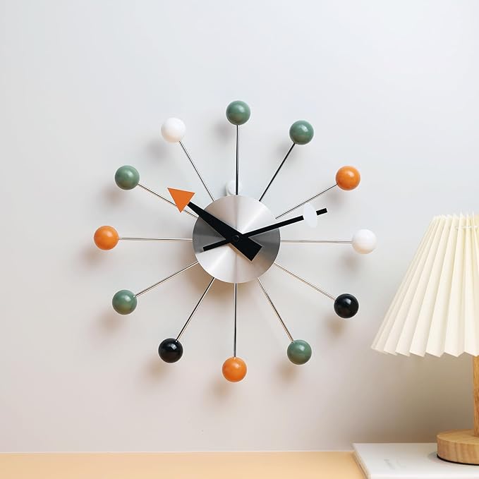 Mid Century Modern Wall Clock Decorative Multicolour Ball Silent Non Ticking Battery Operated 13 Inch Clocks for Living Room Kitchen Office