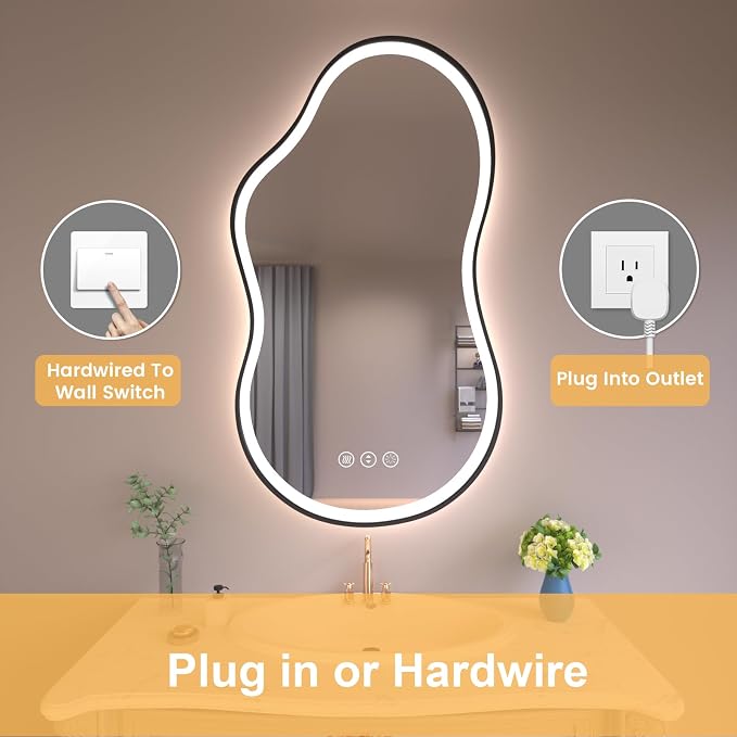 WTTY LED Irregular Bathroom Mirror 20x36 Inch with Front & Back Lights - Asymmetrical Design, Anti-Fog, Dimmable 3 Color Temperatures, Shatterproof Glass, Horizontal or Vertical Mount (Black Frame)