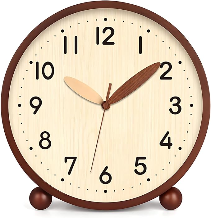 Maxspace Wooden Table Clock,8in Silent Non-Ticking Desk Clock,Battery Operated Desktop Analog Clock for Living Room Bedroom Kitchen Office Classroom Decor (Walnut - Log)