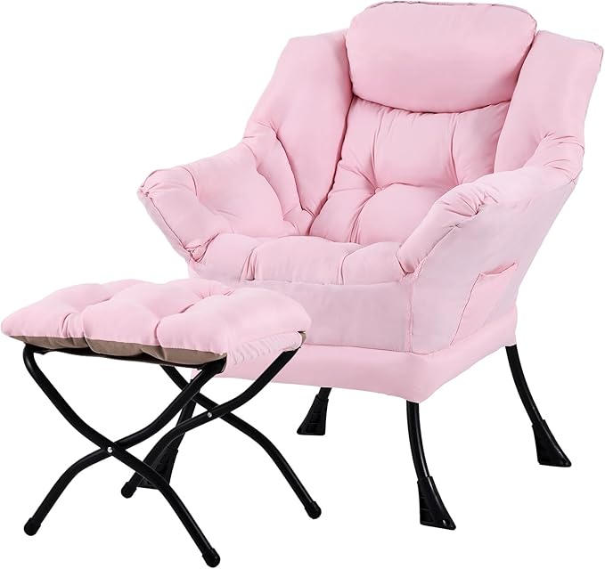 Tiita Lazy Chair with Ottoman, Pink Modern Large Accent Chair, Comfy Leisure Sofa Armchair with Ottoman, Reading Chair with Footrest for Bedroom, Living Room, Dorm Rooms, Pink