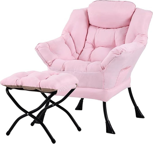 Tiita Lazy Chair with Ottoman, Pink Modern Large Accent Chair, Comfy Leisure Sofa Armchair with Ottoman, Reading Chair with Footrest for Bedroom, Living Room, Dorm Rooms, Pink