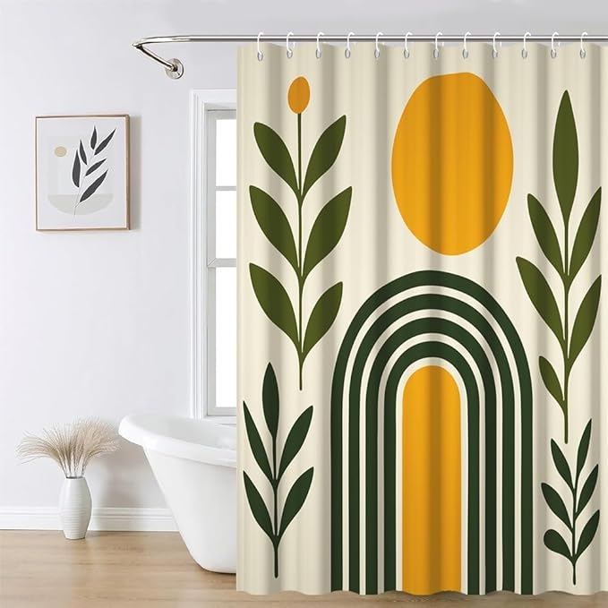 Modern Boho Shower Curtain for Bathroom Abstract Minimalist Bathroom Decor Set Green Leaves Arch Sun Bathtub Curtains Machine Washable Waterproof Polyester Fabric with Hooks 72x84 Inch