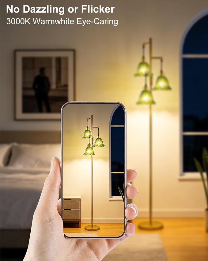3-Light Modern Glass Floor Lamp, Gold Standing Tall Lamp with Green Glass Shade for Reading, Dimmable LED Floor Lamp with 5Lbs Heavy Base for Living Room Bedroom Home Decor, Bulb Included