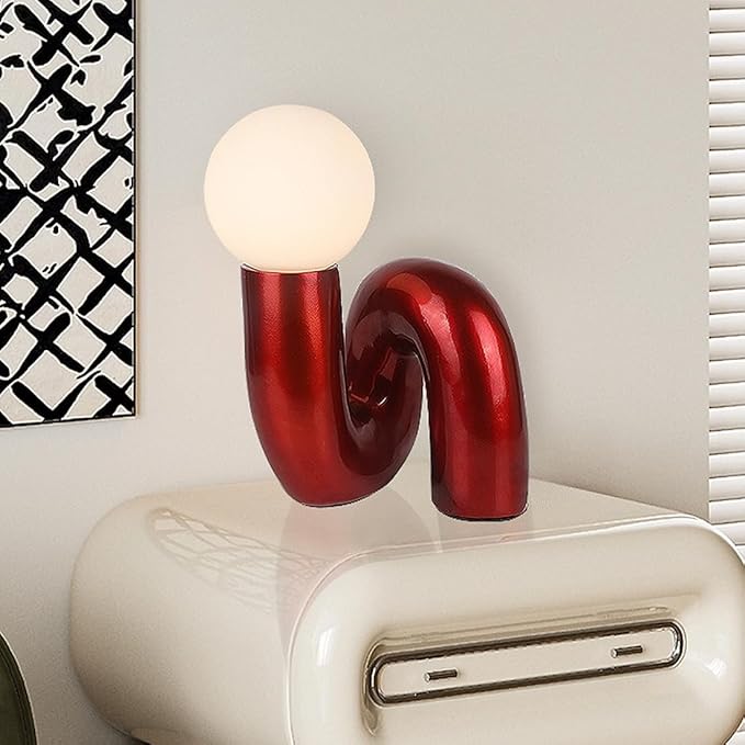 Bauhaus Red Table Lamp Modern Globe Glass Table Light with Glass Shade Resin Aesthetics Light Fixtures for Bedside Bedroom Living Room Kid’s Room Corner Office Cafe