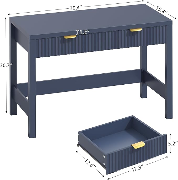 YOMILUVE Fluted Computer Desk with 2 Drawers, 39 Inch Small Computer Desk with Storage, Compact Writing Study Desk for Small Spaces, Blue