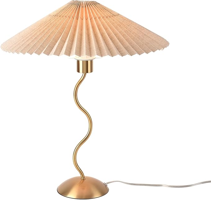 Ziqqeelam Gold Pleated Small Table Lamp, Brass Modern Bedside Table Lamp for Bedroom, Mini Pleated Lamp Shape, MCM Table Lamp Bedroom Bow Lamps for Nightstand