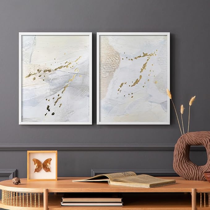 Renditions Gallery Set of 2 Peel & Stick Framed Prints, Modern Abstract Wall Art, Gold Sprinkle Oil Painting Wall Decor, Re-Stickable - Ready to Hang - 11"x14" - White Frame LT588