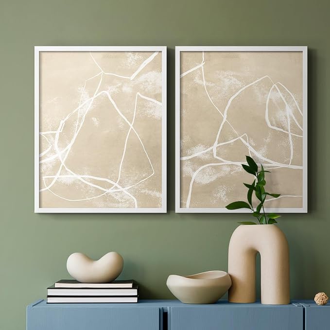 Renditions Gallery Set of 2 Peel & Stick Framed Prints, Neutral Abstract Wall Art, Beige Line Art Pattern Wall Decor, Re-Stickable - Ready to Hang - 11"x14" - White Frame LT588