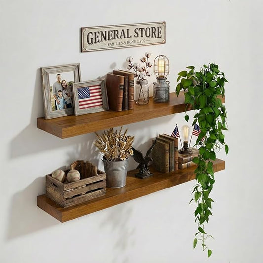 IAE Walnut Floating Wall Shelves 24 inch, Bathroom Shelf Wall Mounted,Invisible Shelf Floating Kitchen Shelves,Wooden Wall Shelving with Brackets for Living Room Wall Mounted,Easy Install,Set of 2
