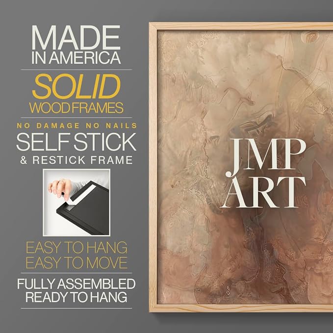 Renditions Gallery Set of 2 Peel & Stick Framed Prints, Abstract Wall Art, Brown Textured Marble Design Re-Stickable - Ready to Hang - 22"x28" - NATURAL WOOD Frame LT588