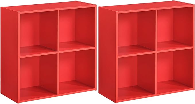 Kings Brand Furniture George 4-Cube Storage Organizer, 2-Tier Bookcase with Wood Shelves for Living Room, Bedroom, Nursery, or Home Office (Red, 2-Pack)