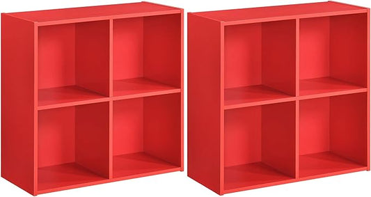 Kings Brand Furniture George 4-Cube Storage Organizer, 2-Tier Bookcase with Wood Shelves for Living Room, Bedroom, Nursery, or Home Office (Red, 2-Pack)