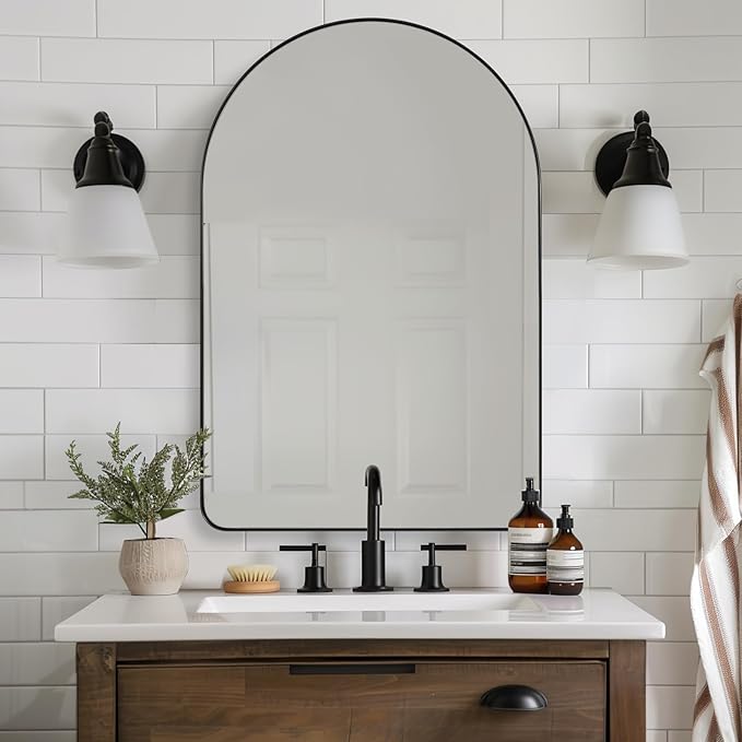 ANDY STAR Arched Mirror, 20 x 30 Inch Black Bathroom Mirror in Stainless Steel Metal Frame, Arch Top Rounded Corner 1 Inch Deep Set Design Wall Mount Hangs Vertical