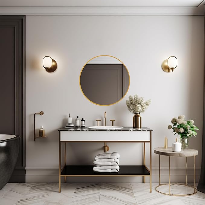 Sunniry Gold Round Mirror 16 inch, Small Round Mirror, Gold Circle Mirrors, Brushed Metal Frame Circle Mirrors for Bathroom, Bedroom, Vanity, Wall Decor.