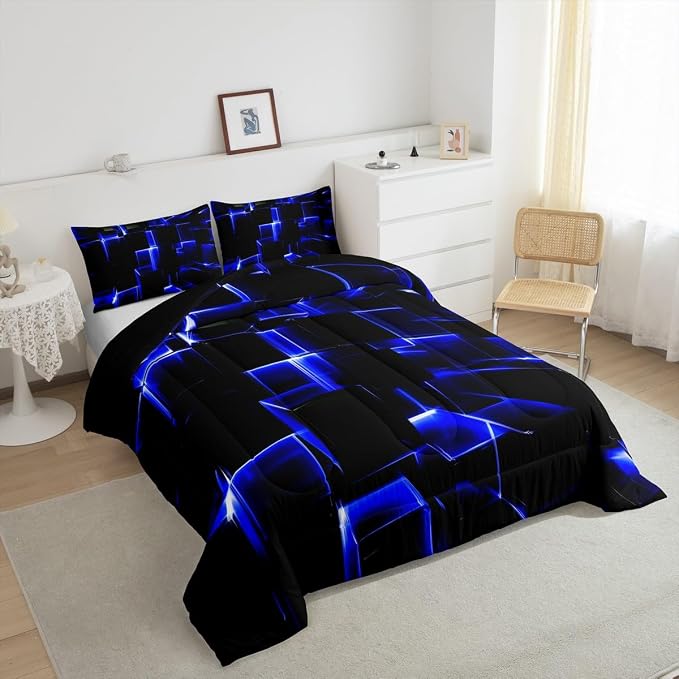 Erosebridal Abstract Comforter Set, Modern Geometric Grid Square Twin Bedding Sets, Blue Black Honeycomb Duvet Insert Soft Microfiber Polyester Bed Set for Kids Boys Bedroom
