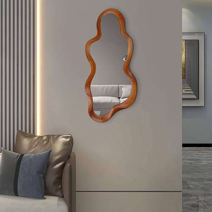 48"x 22" Irregular Wall Mirror, Walnut Wood Framed Wall Mirror, Asymmetrical Wall Wavy Mirror for Living Room Bedroom Entryway Bathroom Modern Decorative Mirror with Hanging Hooks