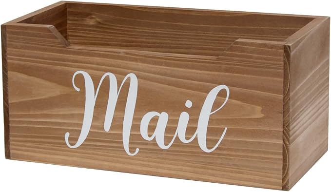 Elegant Designs HG2010-NMW Rustic Farmhouse Wooden Tabletop Decorative Script Word Mail Organizer Box, Letter Holder Office-Accessories-and-décor, Natural Wood/White