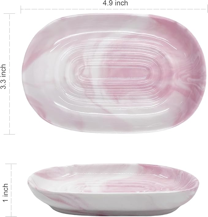 Soap Dish, Ceramic Soap Dish with Marble PatternShower, Soap Saver Tray for Bathroom, Kitchen Sink & Vanity, Multi-Use Holder for Jewelry, Rings, Keys (1 Pack, Pink-White)