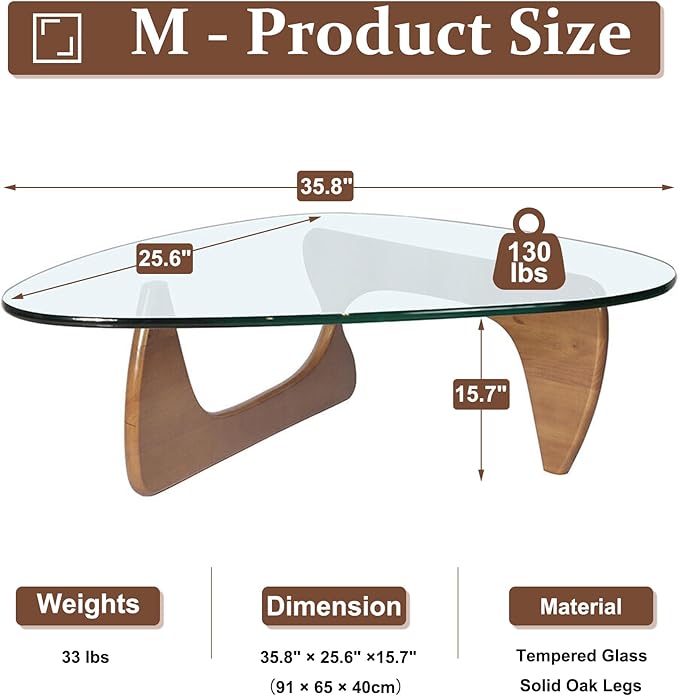 Modern Glass Coffee Table, 35.8" Small Center Table, Mid Century Tea Tables with Tempered Glass Top & Unique Solid Legs, for Office Small Space Living Room