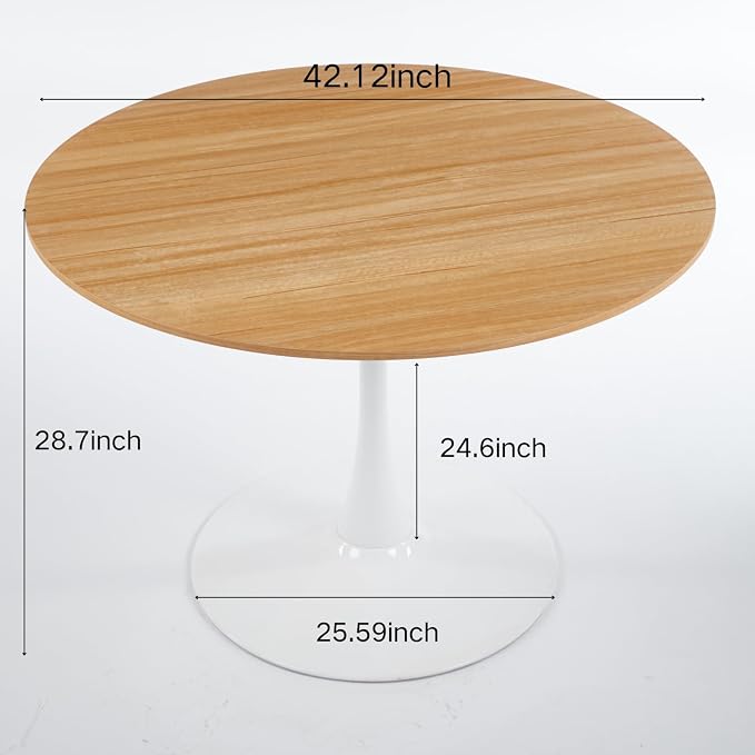 42 Inch White and Oak Round Dining Table for 4-6 Person,Mid-Century Oak Tulip Kitchen Table, Pedestal Metal Base Table for Kitchen Dining Room