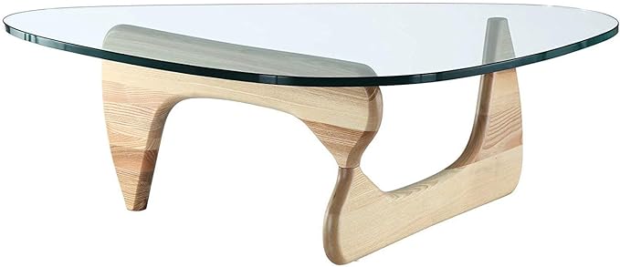 EMODERN FURNITURE - Mid-Century Modern Style Coffee Table Glass Top Hardwood Base (Natural)